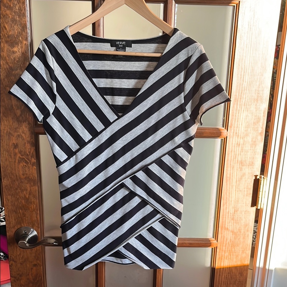 Verve Ami Navy and Gray Striped Women's Top